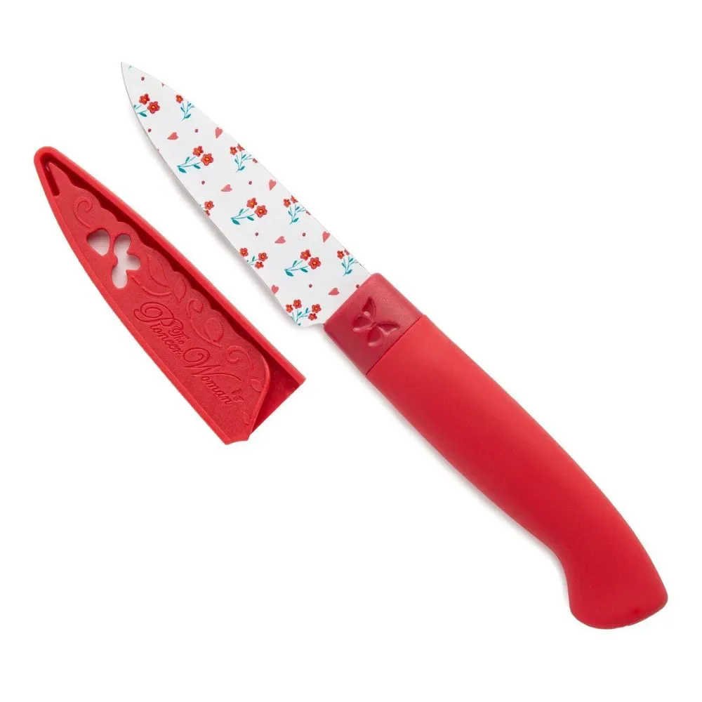 Pioneer Woman Blooming Bouquet Stainless Steel Knife 3Pc Set W Sheath Floral Red